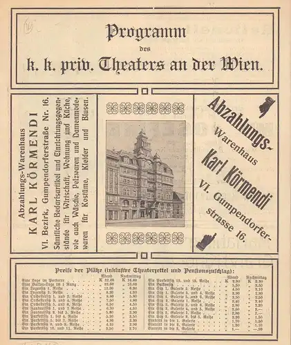 [Programmheft] Programm des k.k. priv. Theaters an der Wien. (Montag den 19. Oktober 1908. "Der Frauenjäger". Operette in drei Akten von Heinrich v. Waldberg u. Hans Liebstöckl, Musik von Alfred Zamara). 