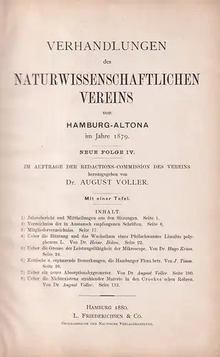 Verhandlungen des Naturwissenschaftlichen Vereins von Hamburg-Altona im Jahre 1879. NEUE FOLGE IV. Im Auftr. der Redactions-Commission des Vereins hrsg. v. August Voller. 