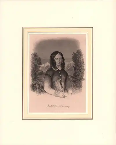 PORTRAIT Elizabeth Barrett Browning. Stahlstich. Halbfigur im Dreiviertelprofil, mit faksimilierter Unterschrift der Dichterin, Browning, Elizabeth Barrett