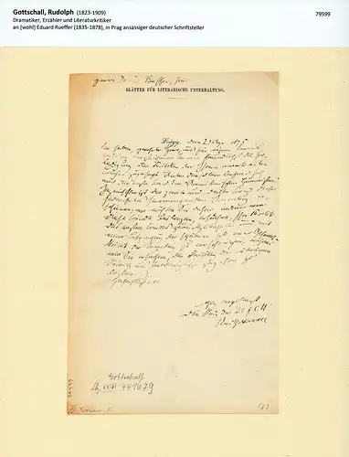 Gottschall, Rudolph (1823-1909), Dramatiker, Erzähler u. Literaturkritiker: Eigenhändiger Brief mit Unterschrift. Mit schwarzer Tinte auf einfachem Schreibpapier mit Briefkopf (Blätter für Literarische Unterhaltung). Leipzig, den 23 Ags. 1875. 