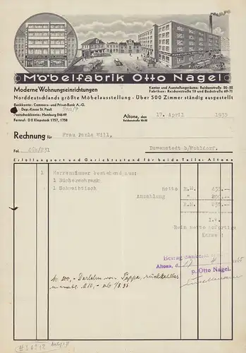 Machinenschriftliche Rechnung: Möbelfabrik Otto Nagel, [Hamburg], Moderne Wohnungseinrichtungen. Rechnung für Frau Paula Will, Duwenstedt (sic!) b/Wohldorf. 