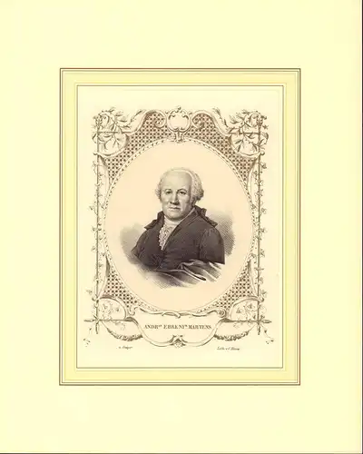 PORTRAIT A. E. Martens. (1755-1828, seit 1823 Oberalter in Hamburg). Brustbild en face. Aufgewalzte Lithographie v. Conrad Kiesel nach Gröger mit oval bronzierter, floraler Umrankung, Martens, Andreas Ehrenfried