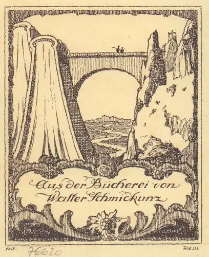 Riedl, Josef: EXLIBRIS. "Aus der Bücherei von Walter Schmidkunz". Hochdruck vom Zinkklischee, im Druck signiert. 