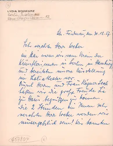 Schwarz, Lydia: Handgeschriebener Brief, dat. (Berlin-Friedenau), 30.12.57. 