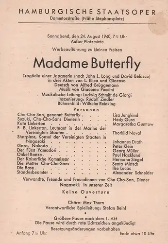 Hamburgische Staatsoper, Dammtorstraße (Nähe Stephansplatz): Madame Butterfly. Tragödie einer Japanerin. Musik von Giacomo Puccini... Musikalische Leitung: Ludwig Schmitt de Giorgi... [Werbe- und Besetzungszettel der Hamburgischen...