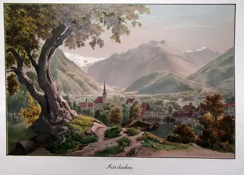 handkolorierte Lithografie "Interlaken-Vallee d'Interlacken" um 1850 Schweiz sf