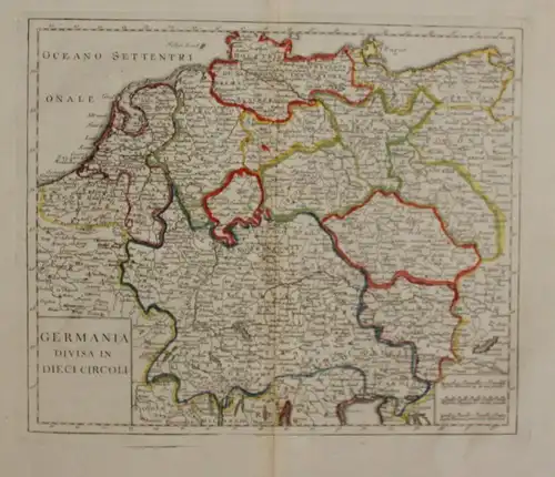Orig. grenzkol. Kupferstichkarte "Germania divisa in dieci circoli" um 1750 sf