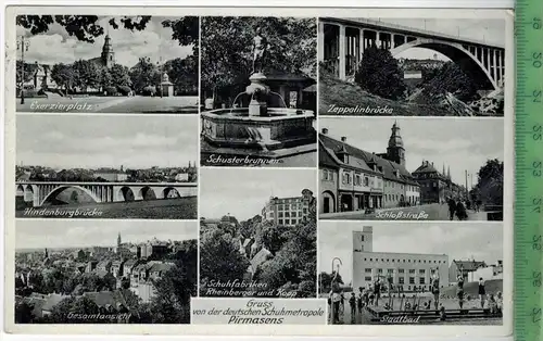 Pirmasens, Schuhmetropole , 1938, Verlag: Emil Hartmann, Mannheim, Postkarte mit Frankatur  und Stempel,