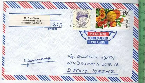 Brief, New York nach Mainz 1990, mit Frankatur und Stempel, Umschlag ohne Inhalt, Zustand: I-II