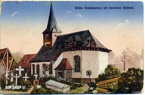 Feld-Postkarte, Kirche Contalmaison mit deutschen Gräbern