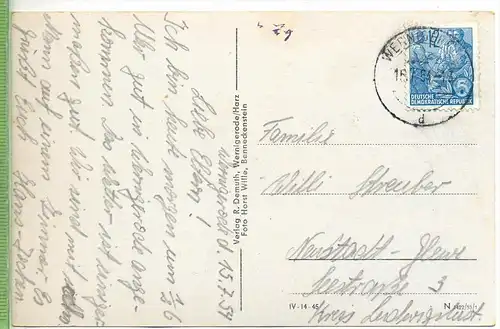 Der Brocken im Harz um 1950/1960, Verlag:  R. Demuth, Wernigerode, Postkarte mit Frankatur, mit Stempel ,WERNIGERODE,