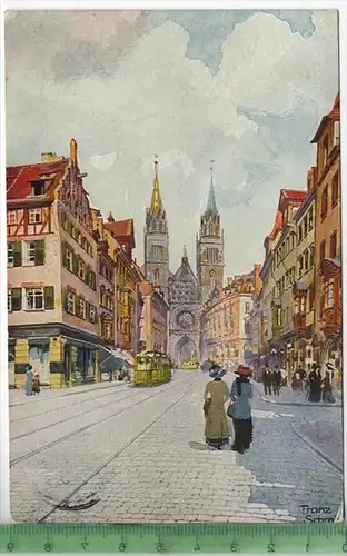 Nürnberg, Karolinenstraße mit Lorenzkirche, Verlag: E. Nister, Nürnberg, Postkarte mit Frankatur, mit Stempel, NÜRNBERG