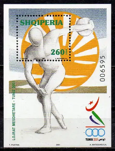 Albanien, Block-Nr. 134 **, Sportspiele der Mittelmeerländer in Tunis 2001