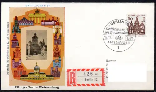 Berlin, Mi-Nr. 249 gest. auf FDC, Deutsche Bauwerke - Ellinger Tor (Weißenburg - Bayern)