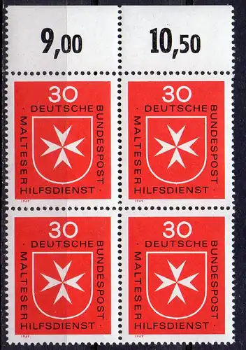 BRD, Mi-Nr. 600 **, 4´er-Block, Rand oben, Malteser Hilfsdienst