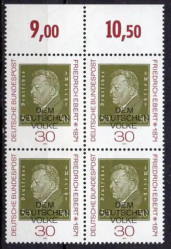 BRD, Mi-Nr. 659 **, 4´er-Block, Rand oben, Friedrich Ebert