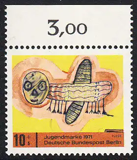 BERLIN 1971 Michel-Nummer 386 postfrisch EINZELMARKE RAND oben (a01) - Kinderzeichnungen, Fliege