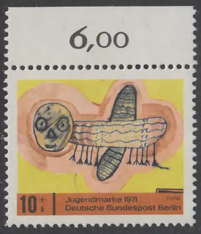 BERLIN 1971 Michel-Nummer 386 postfrisch EINZELMARKE RAND oben (a02) - Kinderzeichnungen, Fliege