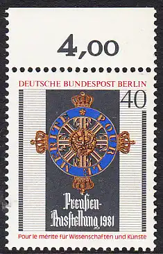 BERLIN 1981 Michel-Nummer 648 postfrisch EINZELMARKE RAND oben (a) - Preußen-Ausstellung, Berlin-Kreuzberg