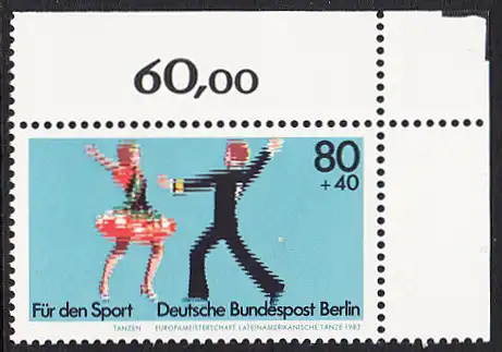 BERLIN 1983 Michel-Nummer 698 postfrisch EINZELMARKE ECKRAND oben rechts - Sportereignisse 1983: Europameisterschaften in den Lateinamerikanischen Tänzen, Berlin