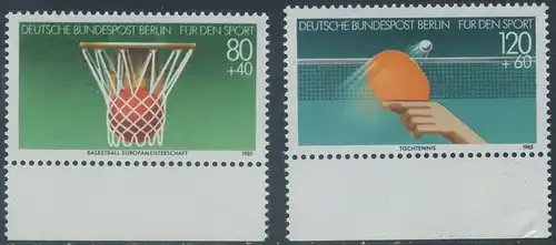 BERLIN 1985 Michel-Nummer 732-733 postfrisch SATZ(2) EINZELMARKEN RÄNDER unten - Sporthilfe: Basketball-Europameisterschaft der Männer, Stuttgart, Leverkusen und Karlsruhe / 60 Jahre Deutscher Tischtennis-Bund (DTTB)