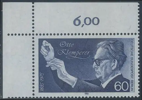 BERLIN 1985 Michel-Nummer 739 postfrisch EINZELMARKE ECKRAND oben links - Otto Klemperer, Dirigent