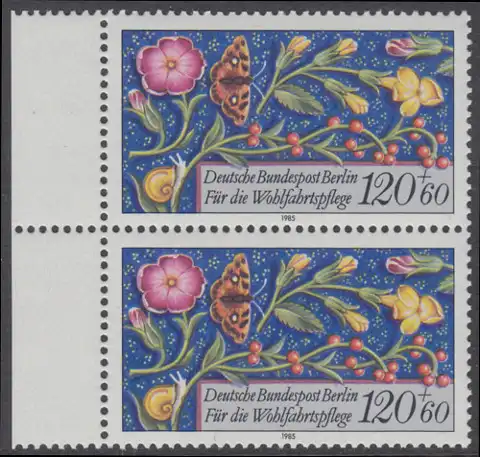 BERLIN 1985 Michel-Nummer 747 postfrisch vert.PAAR RAND links - Miniaturen: Streublumen, Beeren, Vögel und Insekten