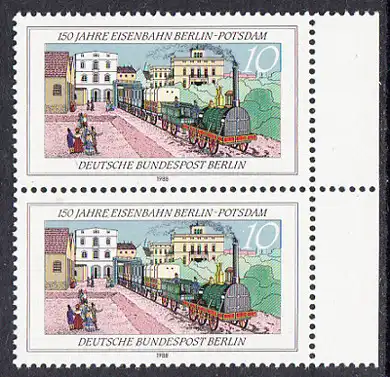 BERLIN 1988 Michel-Nummer 822 postfrisch vert.PAAR RAND rechts - Eisenbahn Berlin-Potsdam