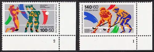 BERLIN 1989 Michel-Nummer 836-837 postfrisch SATZ(2) EINZELMARKEN ECKRÄNDER unten rechts (FN) - Sporthilfe: Volleyball-Europameisterschaften der Damen, Hamburg, Karlsruhe und Stuttgart / Hockey Champions Trophy, Berlin
