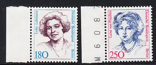 BERLIN 1989 Michel-Nummer 844-845 postfrisch SATZ(2) EINZELMARKEN RÄNDER links (b) - Frauen der deutschen Geschichte: Lotte Lehmann, Sangerin / Luise von Preußen, Königin von Preußen