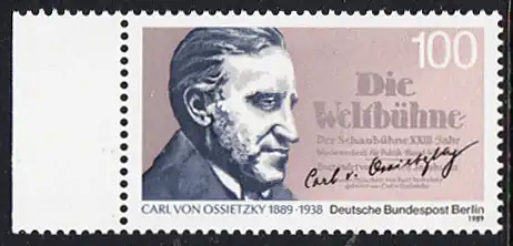 BERLIN 1989 Michel-Nummer 851 postfrisch EINZELMARKE RAND links - Carl von Ossietzky, Publizist