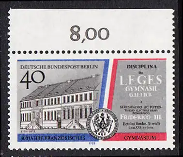 BERLIN 1989 Michel-Nummer 856 postfrisch EINZELMARKE RAND oben (a) - Französisches Gymnasium, Berlin