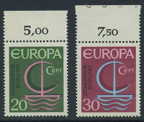 BUND 1966 Michel-Nummer 0519-0520 postfrisch SATZ(2) EINZELMARKEN RÄNDER oben (c)