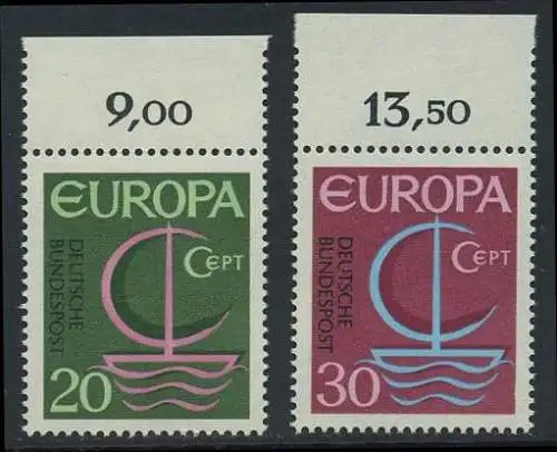 BUND 1966 Michel-Nummer 0519-0520 postfrisch SATZ(2) EINZELMARKEN RÄNDER oben (d)