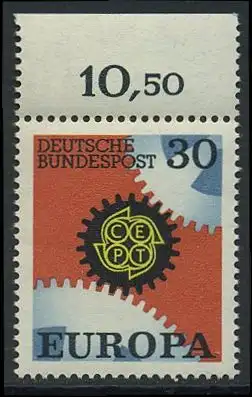 BUND 1967 Michel-Nummer 0534 postfrisch EINZELMARKE RAND oben (f)