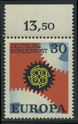 BUND 1967 Michel-Nummer 0534 postfrisch EINZELMARKE RAND oben (k)