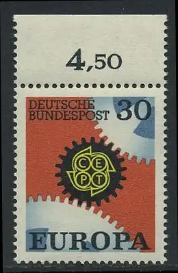 BUND 1967 Michel-Nummer 0534 postfrisch EINZELMARKE RAND oben (b)