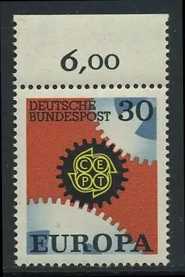 BUND 1967 Michel-Nummer 0534 postfrisch EINZELMARKE RAND oben (c)