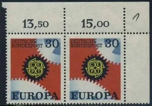 BUND 1967 Michel-Nummer 0534 postfrisch horiz.PAAR ECKRAND oben rechts