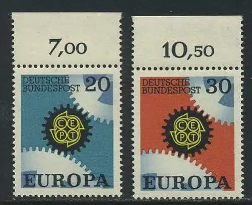 BUND 1967 Michel-Nummer 0533-0534 postfrisch SATZ(2) EINZELMARKEN RÄNDER oben (f)