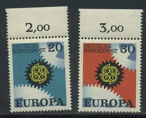 BUND 1967 Michel-Nummer 0533-0534 postfrisch SATZ(2) EINZELMARKEN RÄNDER oben (a)