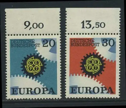 BUND 1967 Michel-Nummer 0533-0534 postfrisch SATZ(2) EINZELMARKEN RÄNDER oben (k)