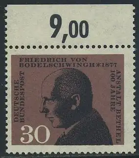 BUND 1967 Michel-Nummer 0537 postfrisch EINZELMARKE RAND oben (c)