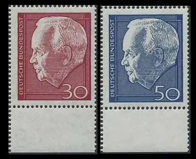 BUND 1967 Michel-Nummer 0542-0543 postfrisch SATZ(2) EINZELMARKEN RÄNDER unten