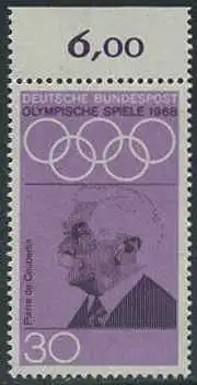 BUND 1968 Michel-Nummer 0563 postfrisch EINZELMARKE RAND oben (b)