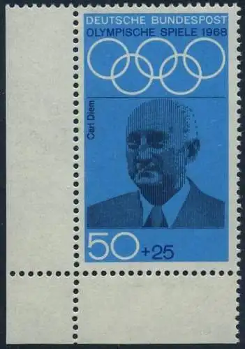 BUND 1968 Michel-Nummer 0565 postfrisch EINZELMARKE ECKRAND unten links