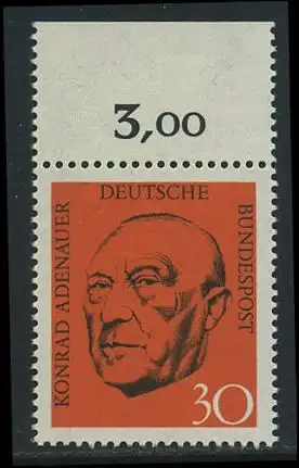 BUND 1968 Michel-Nummer 0567 postfrisch EINZELMARKE RAND oben (a)