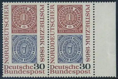 BUND 1968 Michel-Nummer 0569 postfrisch horiz.PAAR RAND rechts