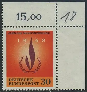 BUND 1968 Michel-Nummer 0575 postfrisch EINZELMARKE ECKRAND oben rechts