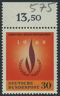 BUND 1968 Michel-Nummer 0575 postfrisch EINZELMARKE RAND oben (d)